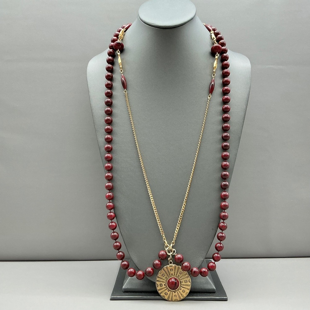 Sarah Coventry Necklace Red Gold Tone Multi Strand Beaded Medallion Pendant